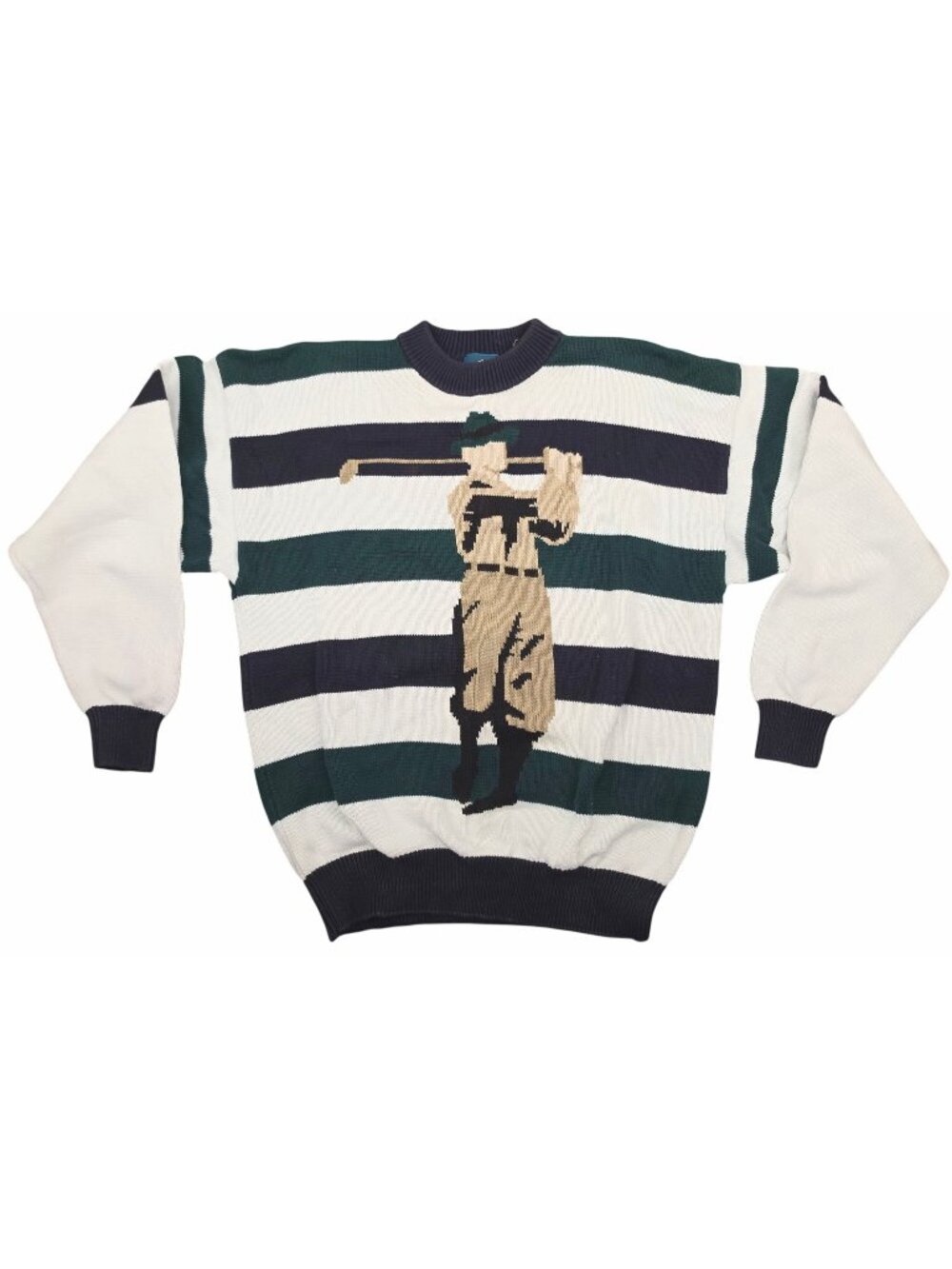 Men's Vintage Jantzen Striped Golfer Golf Sweater Large Navy White Green RARE